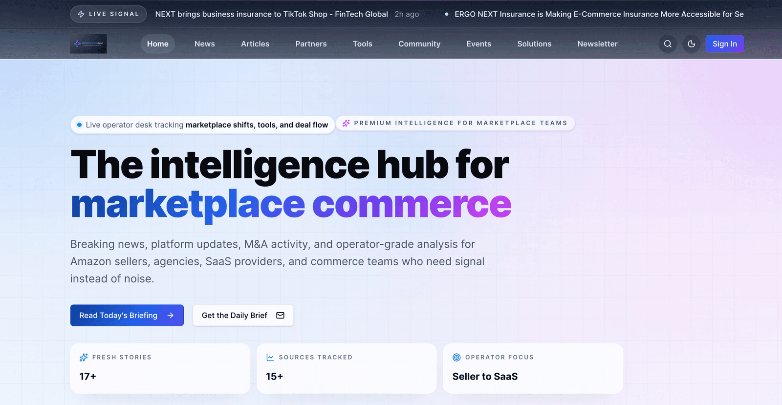 MarketplaceBeta home page with a live news ticker and coverage statistics