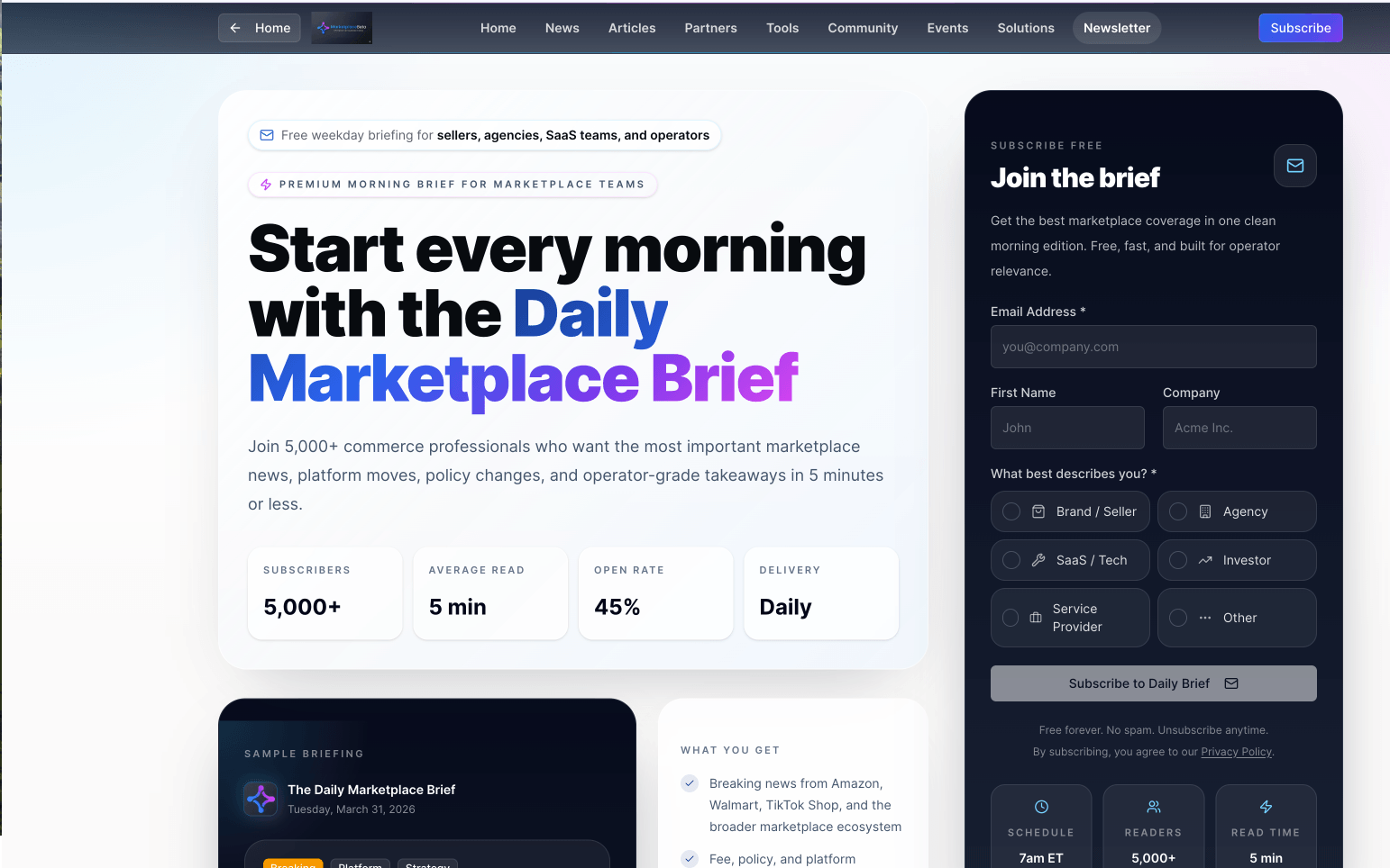 Daily marketplace brief signup page with subscriber statistics and a subscribe form